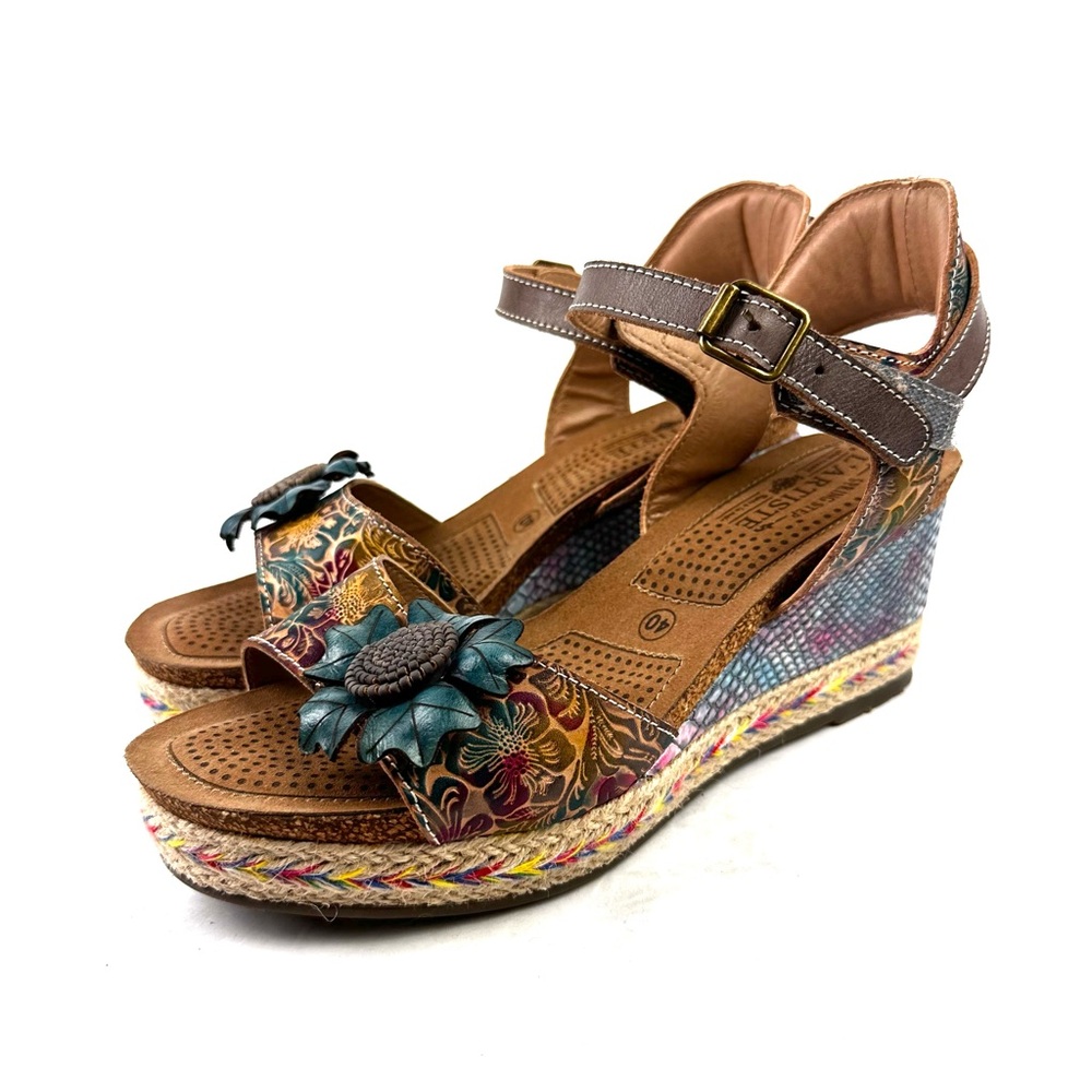 Spring Step Brown Multicolor Floral Leather Wedge Sandals